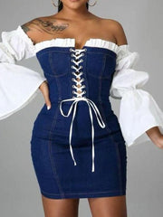Load image into Gallery viewer, Ruffle Off-the-shoulder Denim Dress