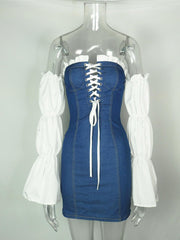 Load image into Gallery viewer, Ruffle Off-the-shoulder Denim Dress