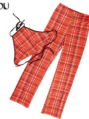 Load image into Gallery viewer, Plaid Sleeveless Crop Top and Pant Outfit