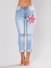 Load image into Gallery viewer, Flower Embroidered Ripped Jeans