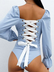 Load image into Gallery viewer, Long Sleeve Laced-up Back One-piece Bodysuit.