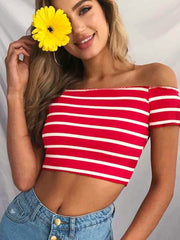 Load image into Gallery viewer, Off shoulder Stripes Crop Top