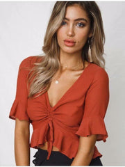 Load image into Gallery viewer, V Neck Short Sleeve Ruched Lace Up Casual T-Shirts