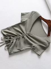 Load image into Gallery viewer, Drawstring V-neck female short sleeve