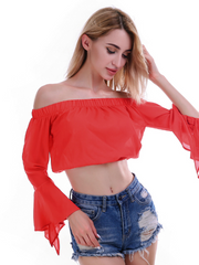 Load image into Gallery viewer, Off Shoulder Ruffled Chiffon Trumpet Sleeves