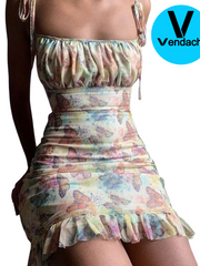 Load image into Gallery viewer, Butterfly Summer Dress w/ Ruching and Ruffles