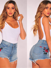 Load image into Gallery viewer, Rose Embroidered Denim Jeans Booty Shorts