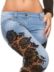 Load image into Gallery viewer, Jeans Side Floral Lace