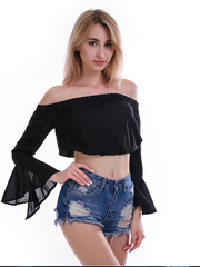Load image into Gallery viewer, Off Shoulder Ruffled Chiffon Trumpet Sleeves