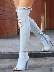 Load image into Gallery viewer, Peep Toe Thigh High Stretch Denim Boots