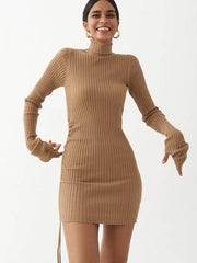 Load image into Gallery viewer, Long Sleeve Ribbed Turtleneck Dress w/ Drawstring Side