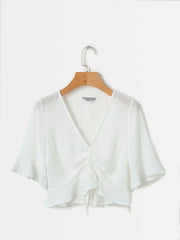 Load image into Gallery viewer, V Neck Short Sleeve Ruched Lace Up Casual T-Shirts