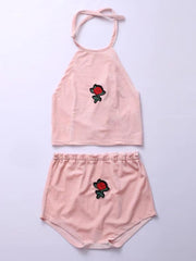 Load image into Gallery viewer, Rose Embroidered Velvet Halter Top and Shorts Set