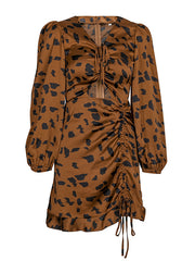 Load image into Gallery viewer, Leopard-print drawstring pleated dress