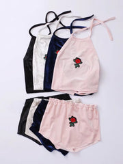 Load image into Gallery viewer, Rose Embroidered Velvet Halter Top and Shorts Set