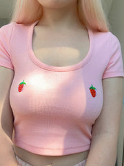 Load image into Gallery viewer, Strawberry embroidered T-shirt