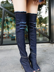 Load image into Gallery viewer, Peep Toe Thigh High Stretch Denim Boots