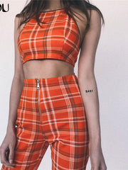 Load image into Gallery viewer, Plaid Sleeveless Crop Top and Pant Outfit