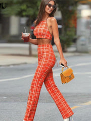 Load image into Gallery viewer, Plaid Sleeveless Crop Top and Pant Outfit