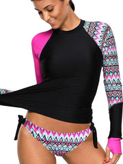 Load image into Gallery viewer, Sexy Splicing Plus Size Swimwear Contrast Rosy Detail Long Sleeve Tankini Swimsuit - vendach