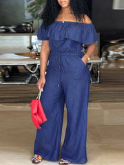 Load image into Gallery viewer, Off The Shoulders Denim Jumpsuit
