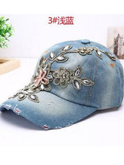 Load image into Gallery viewer, Women's Denim Baseball Cap Diamonds & Embroidery w/ Flowers