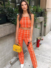 Load image into Gallery viewer, Plaid Sleeveless Crop Top and Pant Outfit