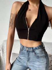Load image into Gallery viewer, Sexy V Neck Zipper Backless Crop Top