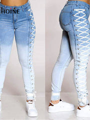 Load image into Gallery viewer, Women's Side Laced Up Stretchy Jeans