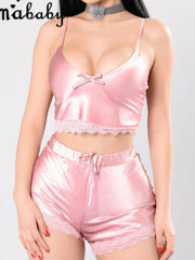 Load image into Gallery viewer, Silky Lace Crop Top Camisole and Shorts Pajamas Set
