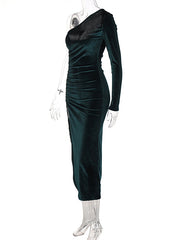 Load image into Gallery viewer, One-Off Shoulder Side Slit Velvet Dress