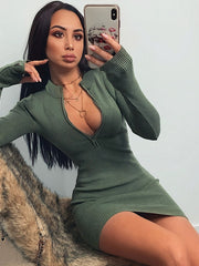 Load image into Gallery viewer, V-neck Zipper Bodycon Dress