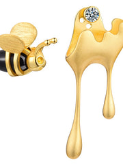 Load image into Gallery viewer, Bee and Dripping Honey Asymmetric Sterling Silver Earrings Gold Plated