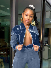 Load image into Gallery viewer, Long Sleeve Frayed Denim Jacket