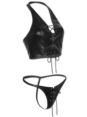 Load image into Gallery viewer, Faux Leather Lace Up Lingerie Set