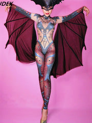 Load image into Gallery viewer, Halloween Lady Nightclub Role Playing Costume Novelty Printed Sparkly Crystal Jumpsuit Stretch Leotard Jumpsuits Cosplay Costume