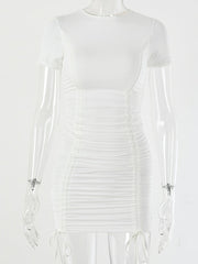 Load image into Gallery viewer, Articat White Ruched Pleated Bodycon Dress Women Drawstring Short Sleeve Mini Party Dress Solid Basic Skinny Casual Dress Short