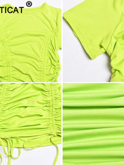 Load image into Gallery viewer, Articat White Ruched Pleated Bodycon Dress Women Drawstring Short Sleeve Mini Party Dress Solid Basic Skinny Casual Dress Short