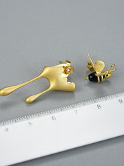 Load image into Gallery viewer, Bee and Dripping Honey Asymmetric Sterling Silver Earrings Gold Plated