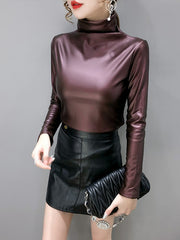 Load image into Gallery viewer, Long Sleeve Shirts Turtleneck PU Leather