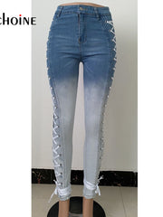 Load image into Gallery viewer, Women's Side Laced Up Stretchy Jeans