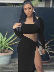 Load image into Gallery viewer, Long Sleeve Crop Top & Hip Split Skirt Set