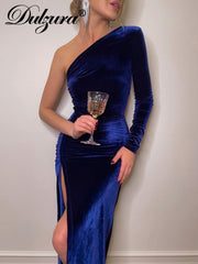 Load image into Gallery viewer, One-Off Shoulder Side Slit Velvet Dress