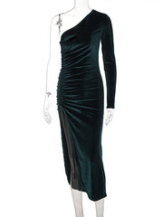 Load image into Gallery viewer, One-Off Shoulder Side Slit Velvet Dress