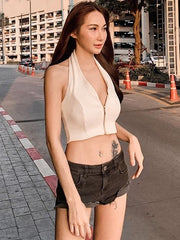 Load image into Gallery viewer, Sexy V Neck Zipper Backless Crop Top