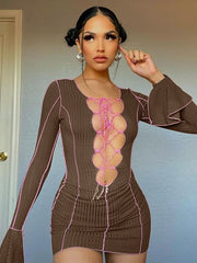 Load image into Gallery viewer, Lace Up Deep V Neck Bodycon Dress