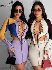 Load image into Gallery viewer, Long Sleeve Front Lace-Up Top & Skirts