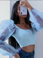 Load image into Gallery viewer, Sheer Long Sleeve Crop Top