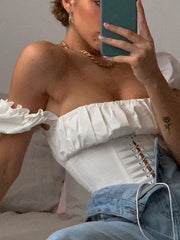 Load image into Gallery viewer, Off Shoulder Lace Up Blouse