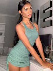 Load image into Gallery viewer, Drawstring Ruched Halter Mini Dress